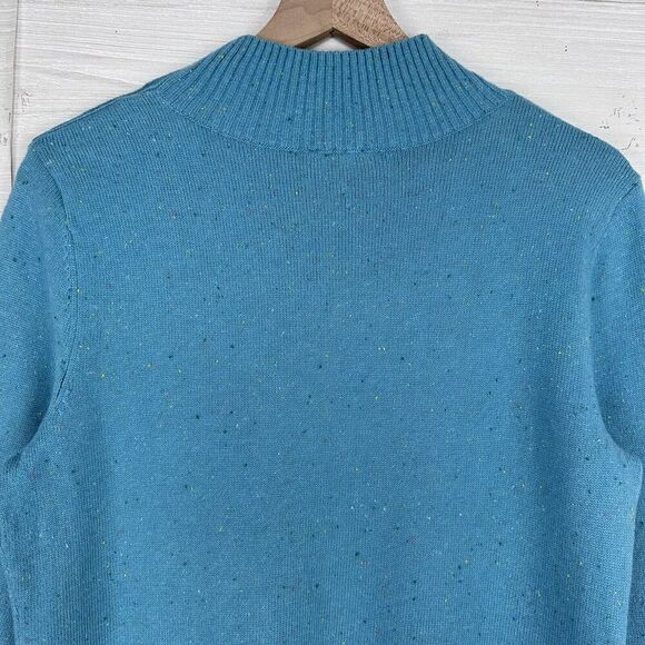 Talbots Mock Neck Sweater Dress Size Medium Aqua Blue Speckled Shoulder Buttons - Picture 8 of 15